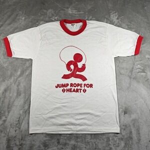 Vintage Jump Rope For Heart Ringer Shirt Mens Large White Red Sport Gym 80s USA
